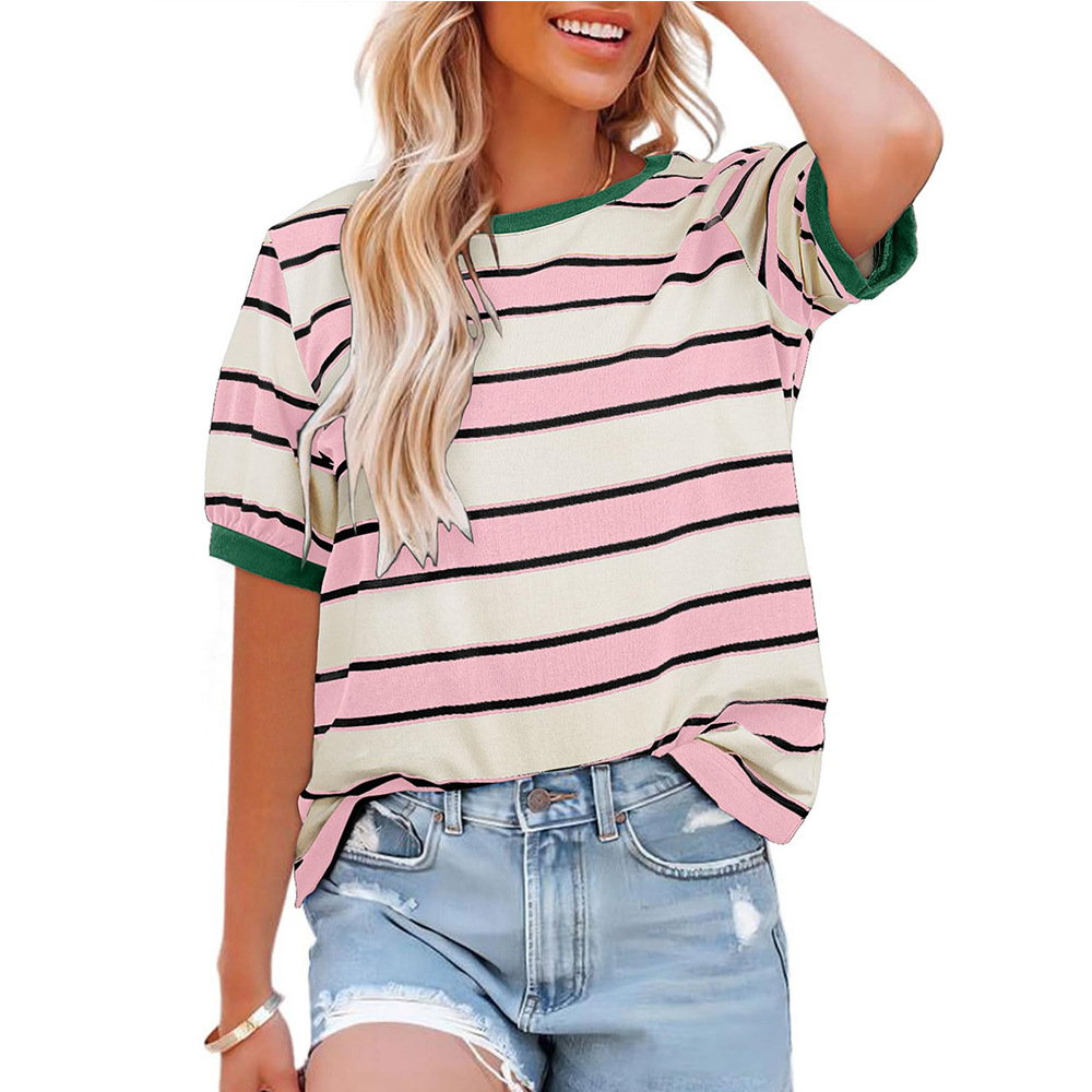 Striped Loose Crewneck Short Sleeve T-Shirt Women Casual Colorblock