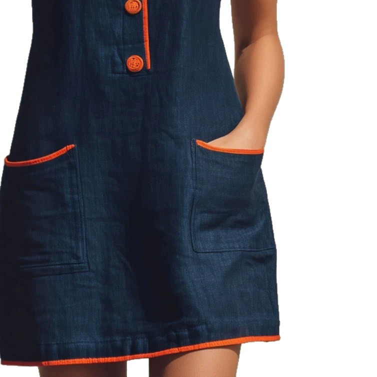 Color-Block Sleeveless Round-Neck Cotton Linen Mini Dress