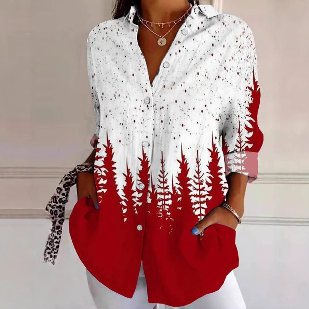 Women's Collared Button-Front Printed Shirt Top