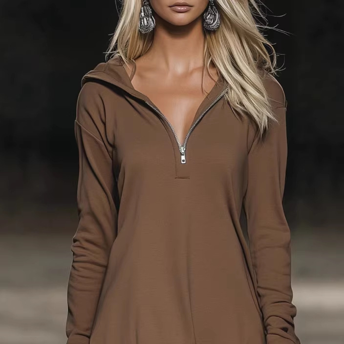 Brown Long Sleeve Ruffle Hooded Mini Dress