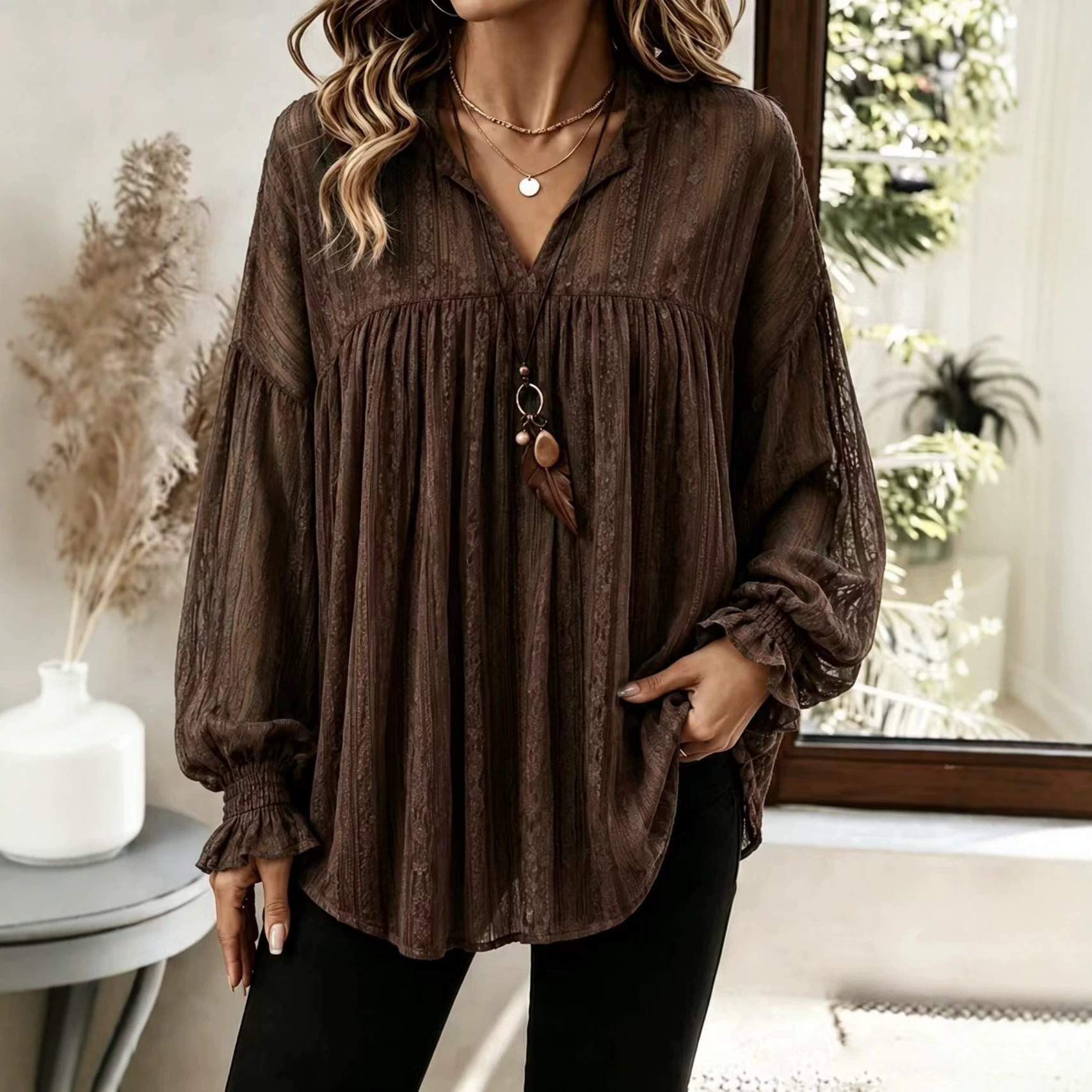 Women's Plus Size V-Neck Bell Sleeve Lace Blouse