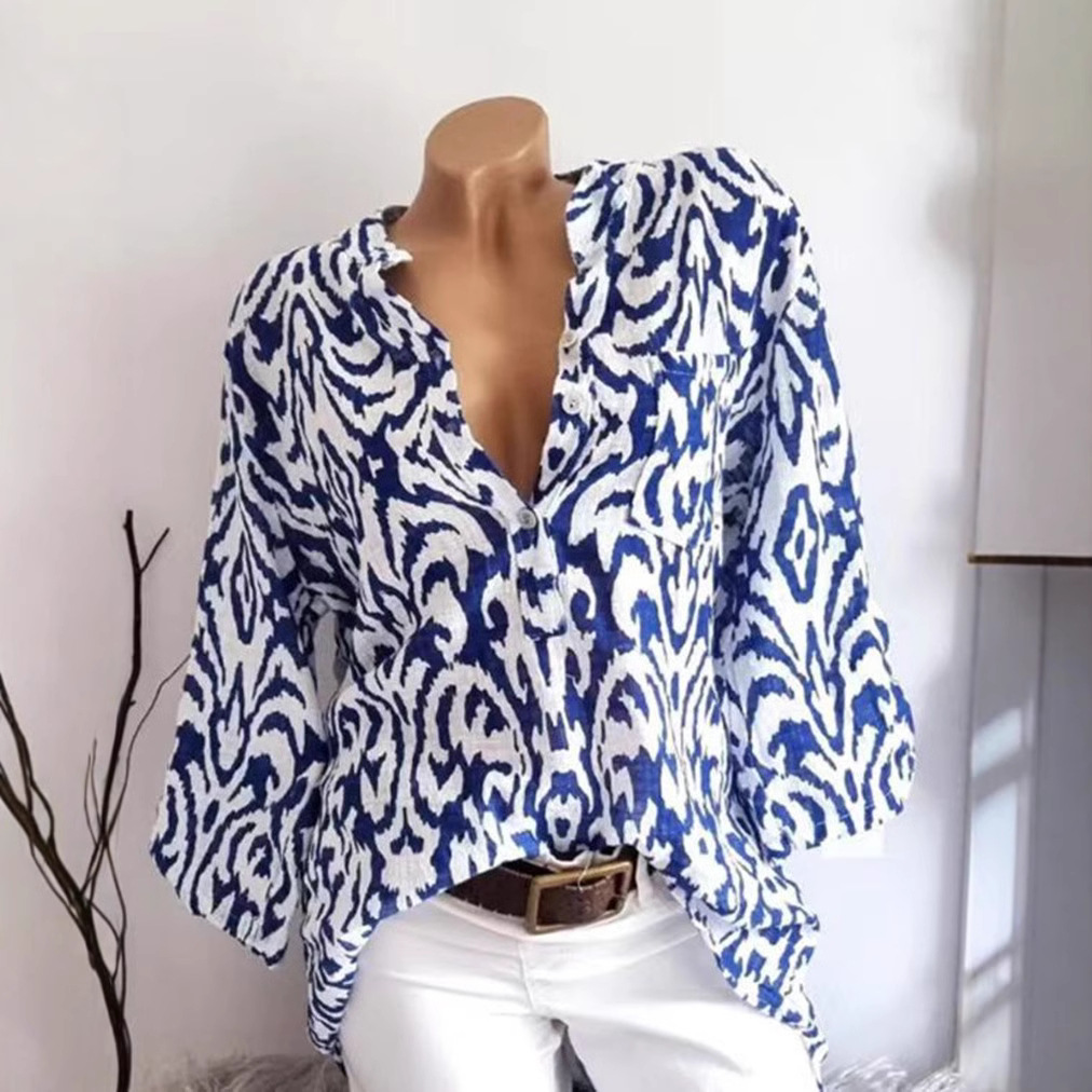 Women's Summer Printed Half-Sleeve Shirt Casual Button-Down