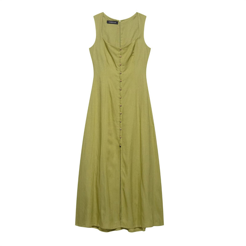 Women's Solid Midi A-Line Dress with Collar and Button Front
