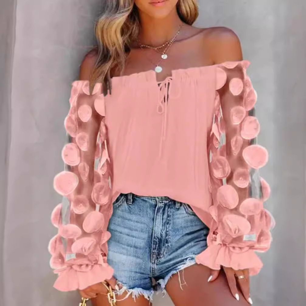 Women's Off-Shoulder 3D Floral Top Long Sleeve Pink
