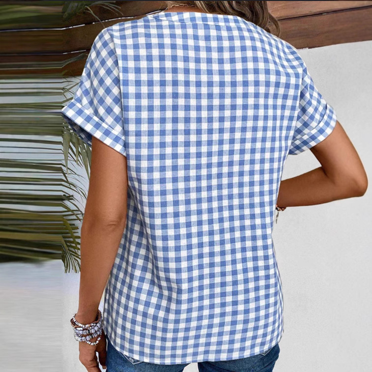 Women's Retro Plaid V-Neck Short Sleeve Shirt Loose Fit
