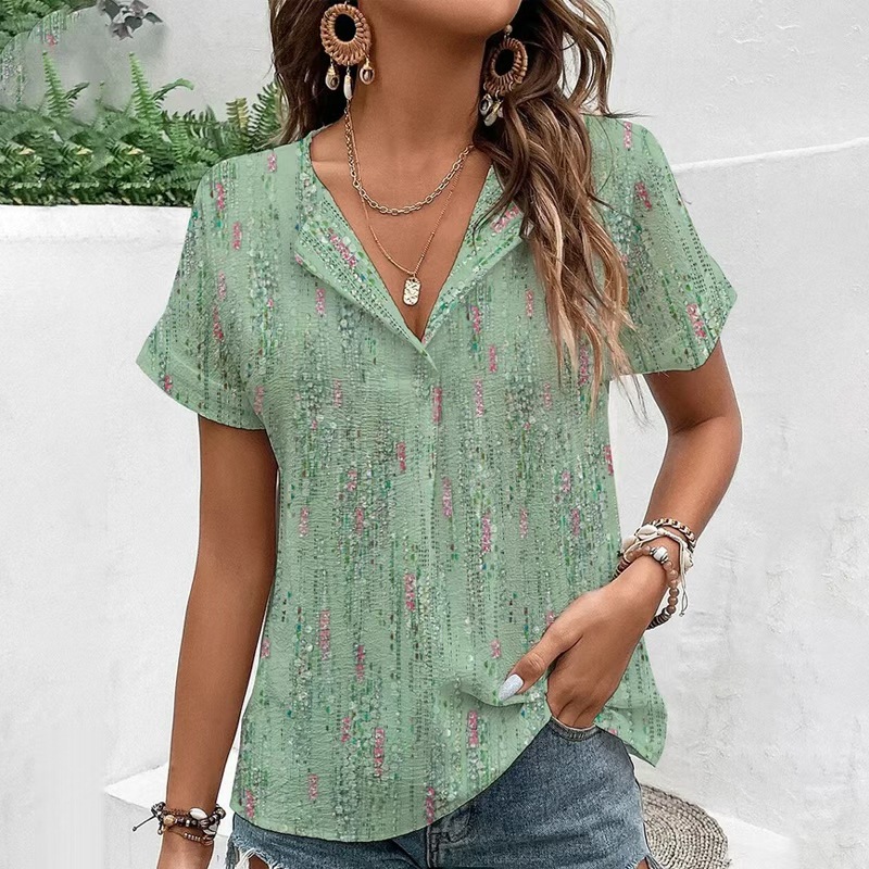 Floral Print V-Neck Short Sleeve Loose Casual Top