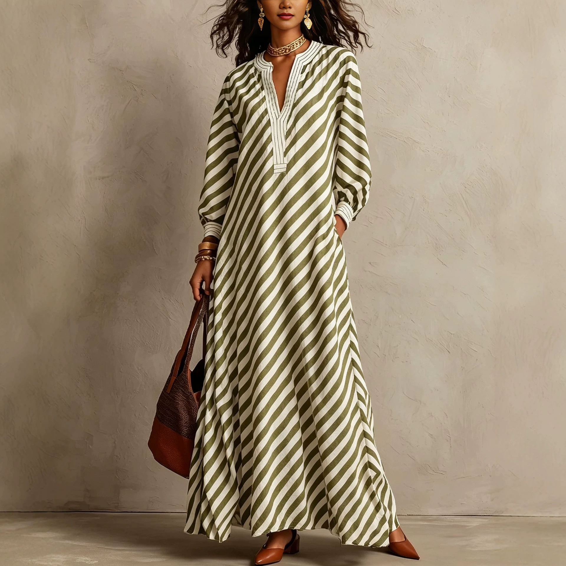 V-Neck Striped Loose Long Dress