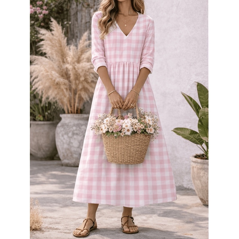 V-Neck Long Sleeve Floral Print Polyester Dress
