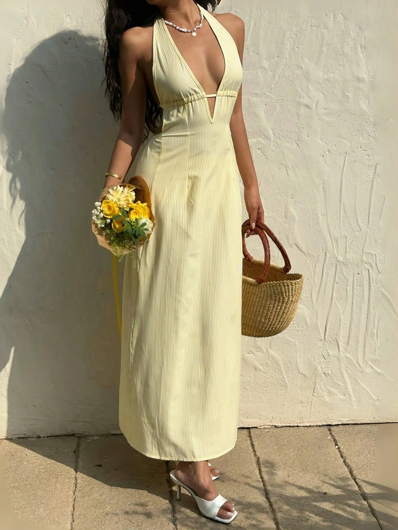 Striped Halter Open-Back Maxi Dress