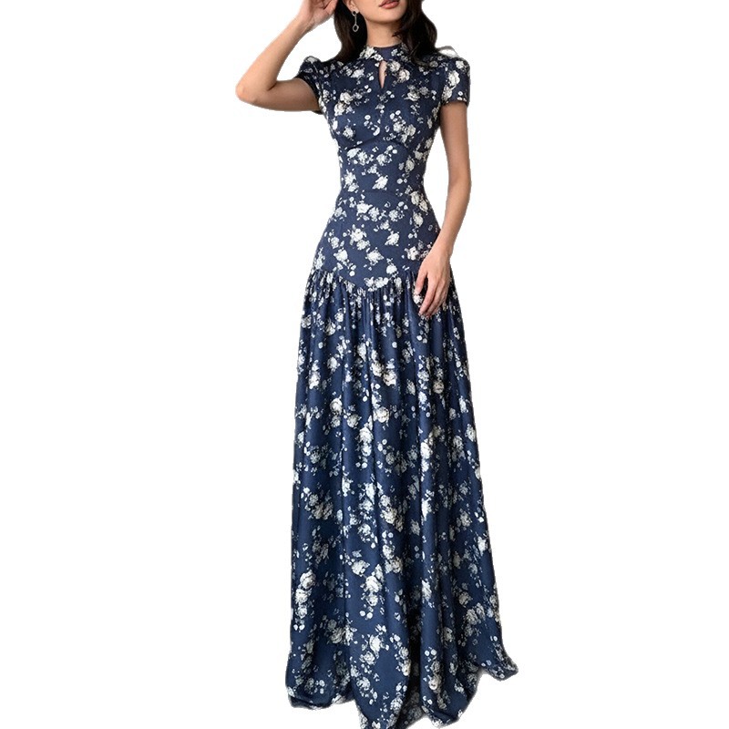 Floral Print Patchwork Slim-Fit Long Dress