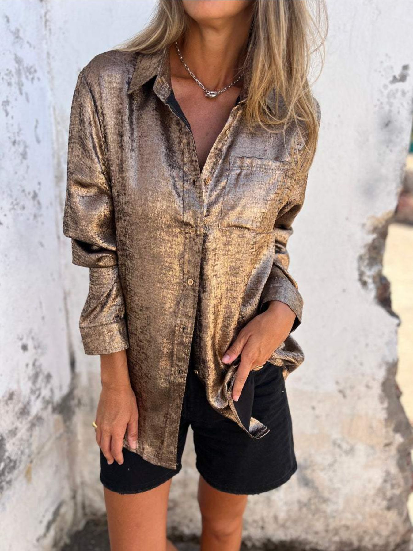 Women's Faux Two-Piece Faux Leather Collared Shirt