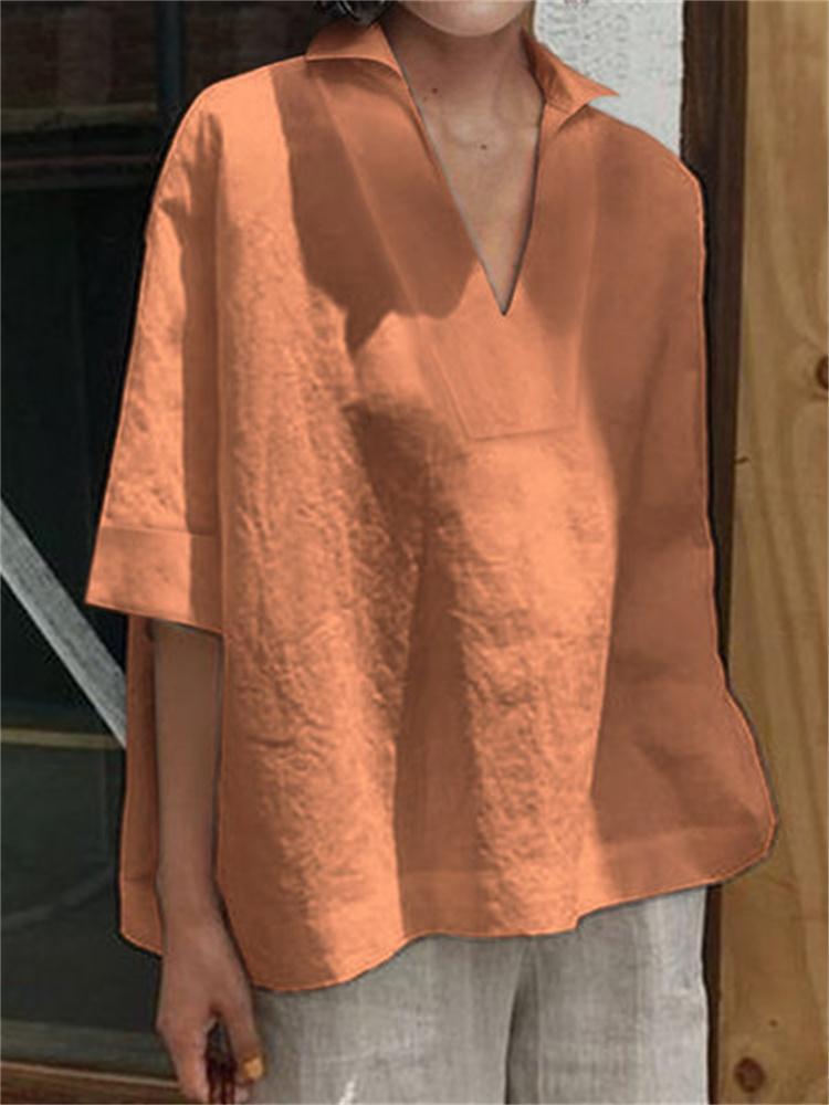 V-Neck Cotton-Linen Blend Loose Fit Mid-Sleeve Women's Shirt