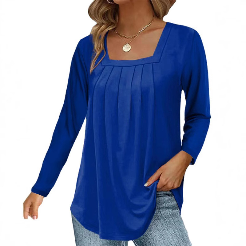 Women's Ruched Square Neck Long Sleeve Cotton-Blend T-Shirt