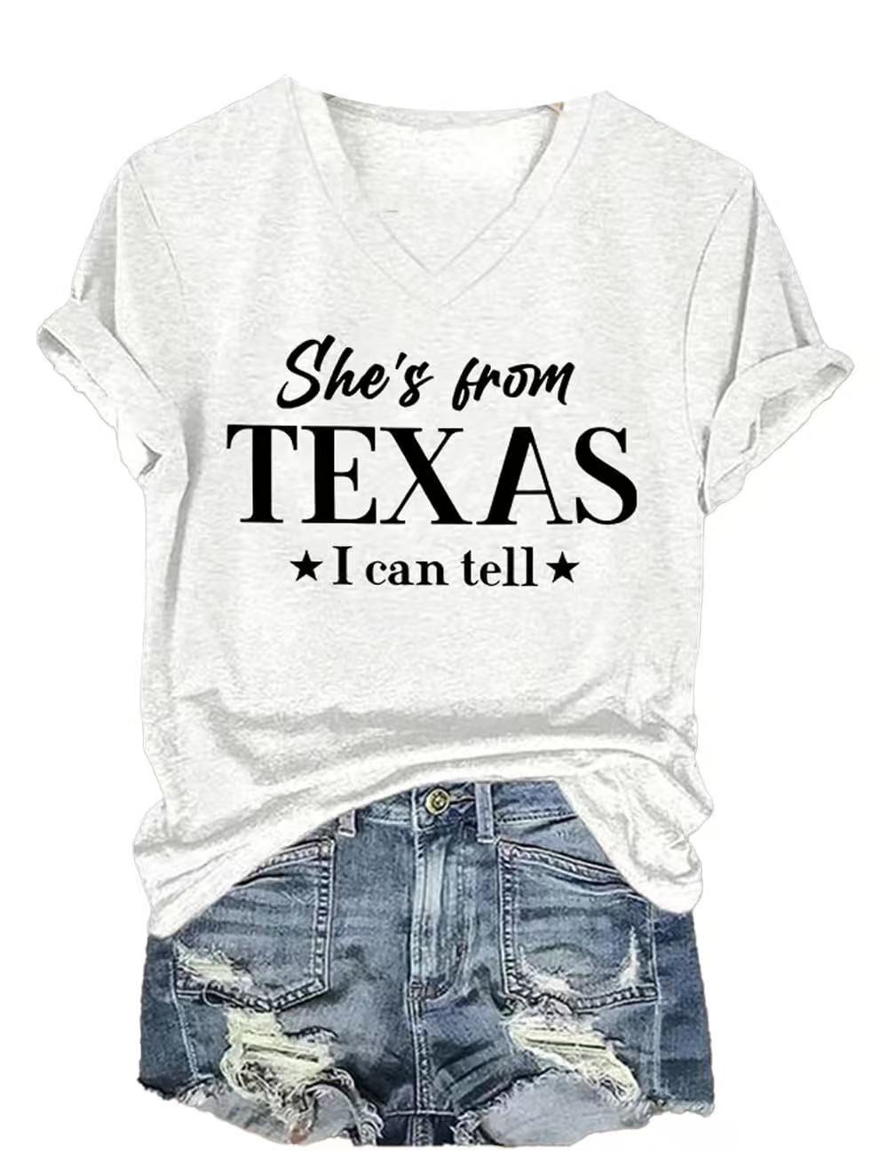 TEXAS Letter Print V-Neck Short Sleeve Women's T-Shirt