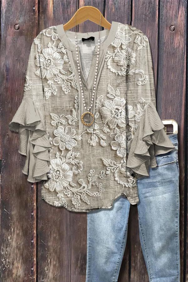 Women's Floral Print V-Neck Long Sleeve T-Shirt with Lace Petal Trim