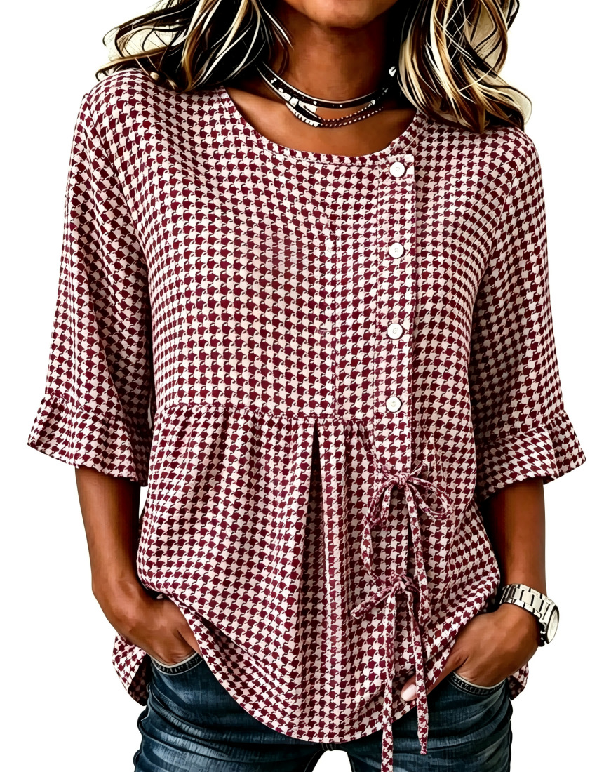 Women's Plaid Print Half-Sleeve Shirt with Diagonal Tie