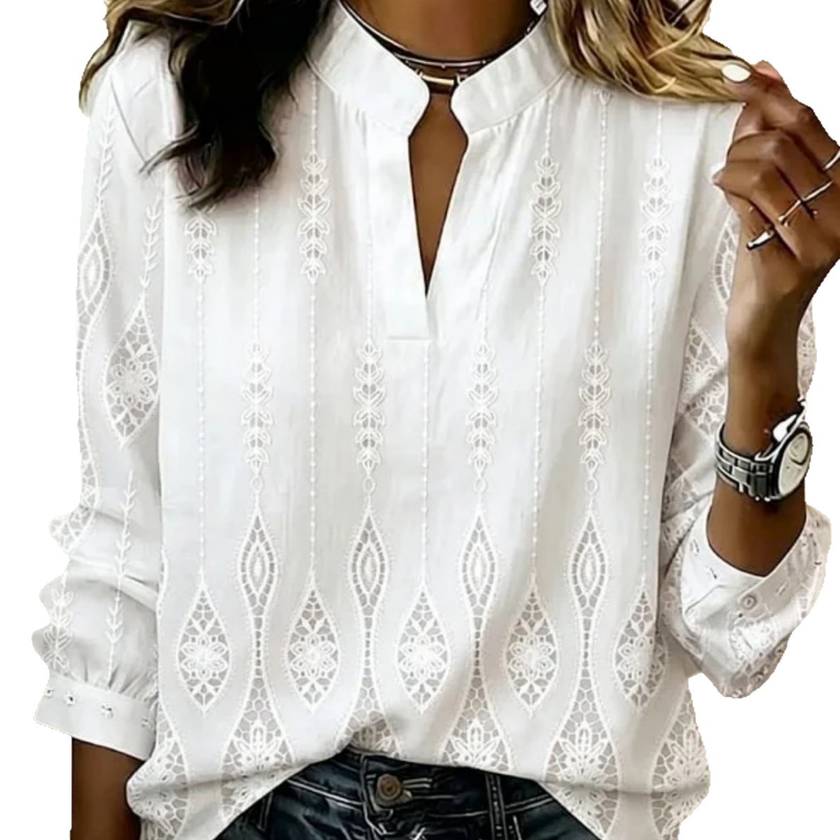 Women's Floral & Solid Print Casual Shirt with Lapel Collar, 3/4 Sleeve