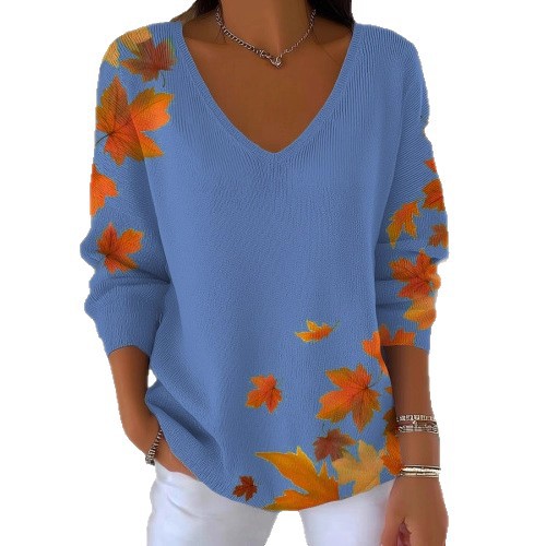 Maple Leaf Print V-Neck Long-Sleeve T-Shirt