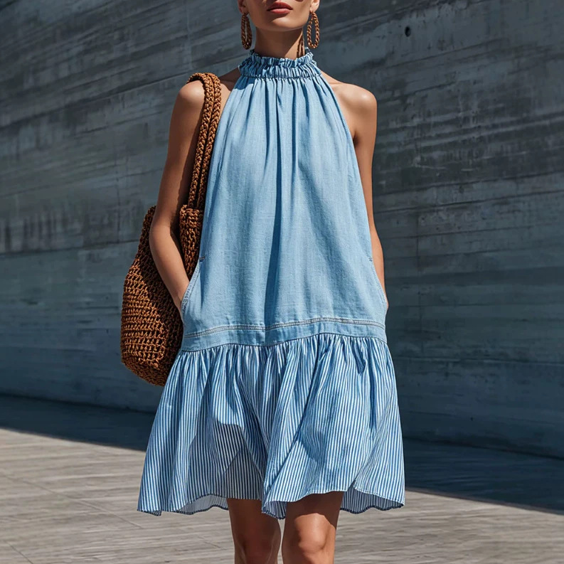 Striped Light Blue Denim Sleeveless Mini Dress