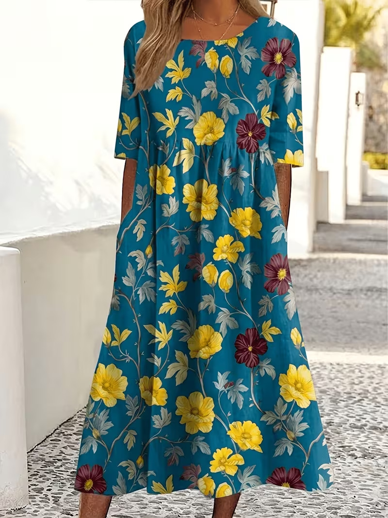 Women's Vintage Floral Print Pleated Midi Dress