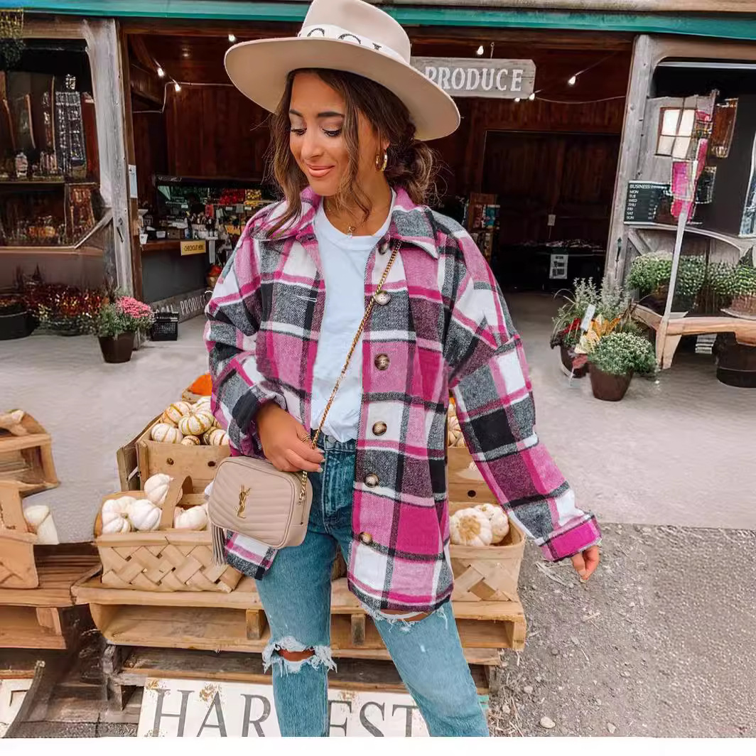 Women's Plaid Button-Front Collared Long Sleeve Loose Mid-Length Shirt Jacket