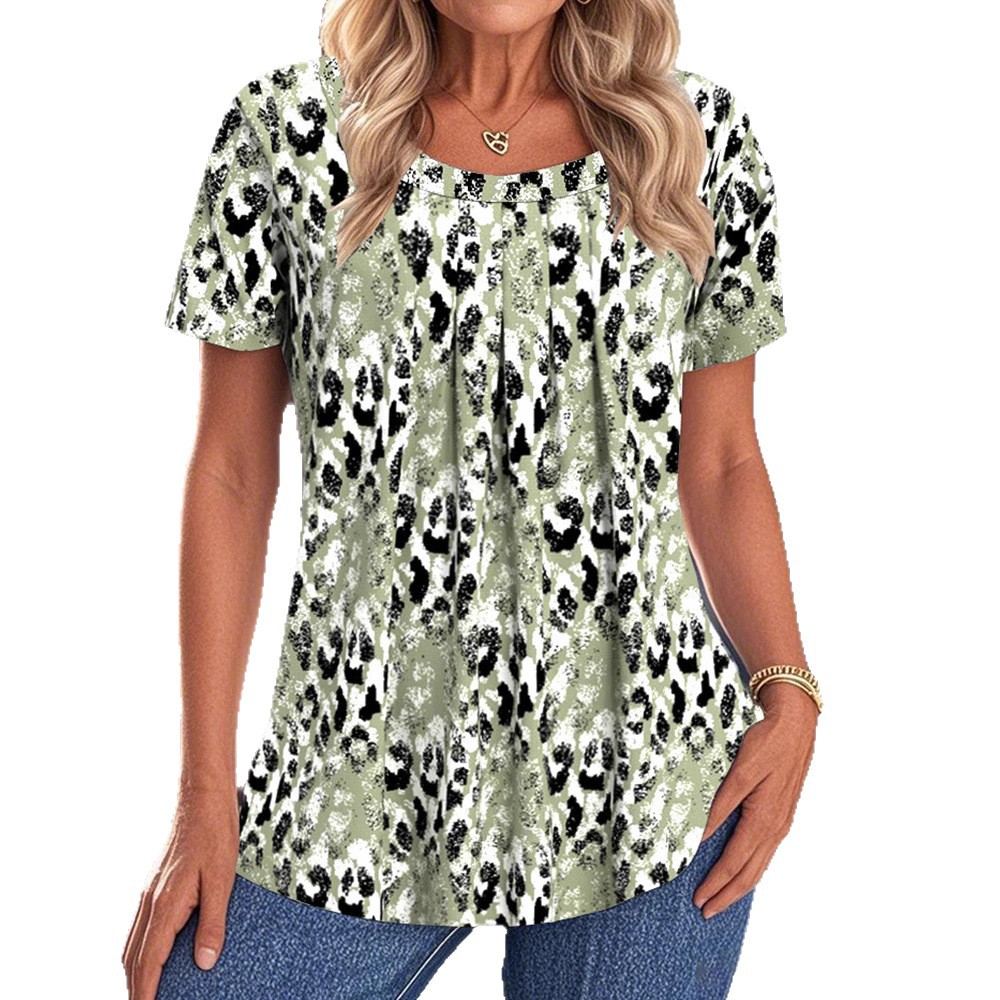 Women's Printed Round Neck Short Sleeve Pleated Top