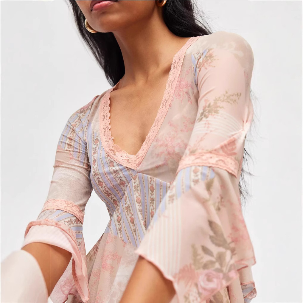 Women's V-Neck Floral Print Top Soft Korean Style Midi Blouse
