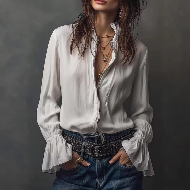 Women's Loose Fit Long Sleeve Zip-Up Solid Crewneck Shirt