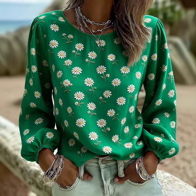 Plaid Floral Print Long Sleeve Blouse