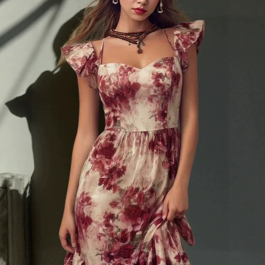 Romantic Floral Print Square Neck Asymmetric Dress
