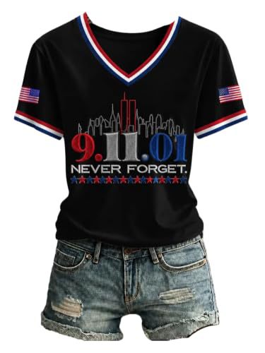 Women's 911 Twin Towers Explosion Print Short Sleeve V-Neck T-Shirt