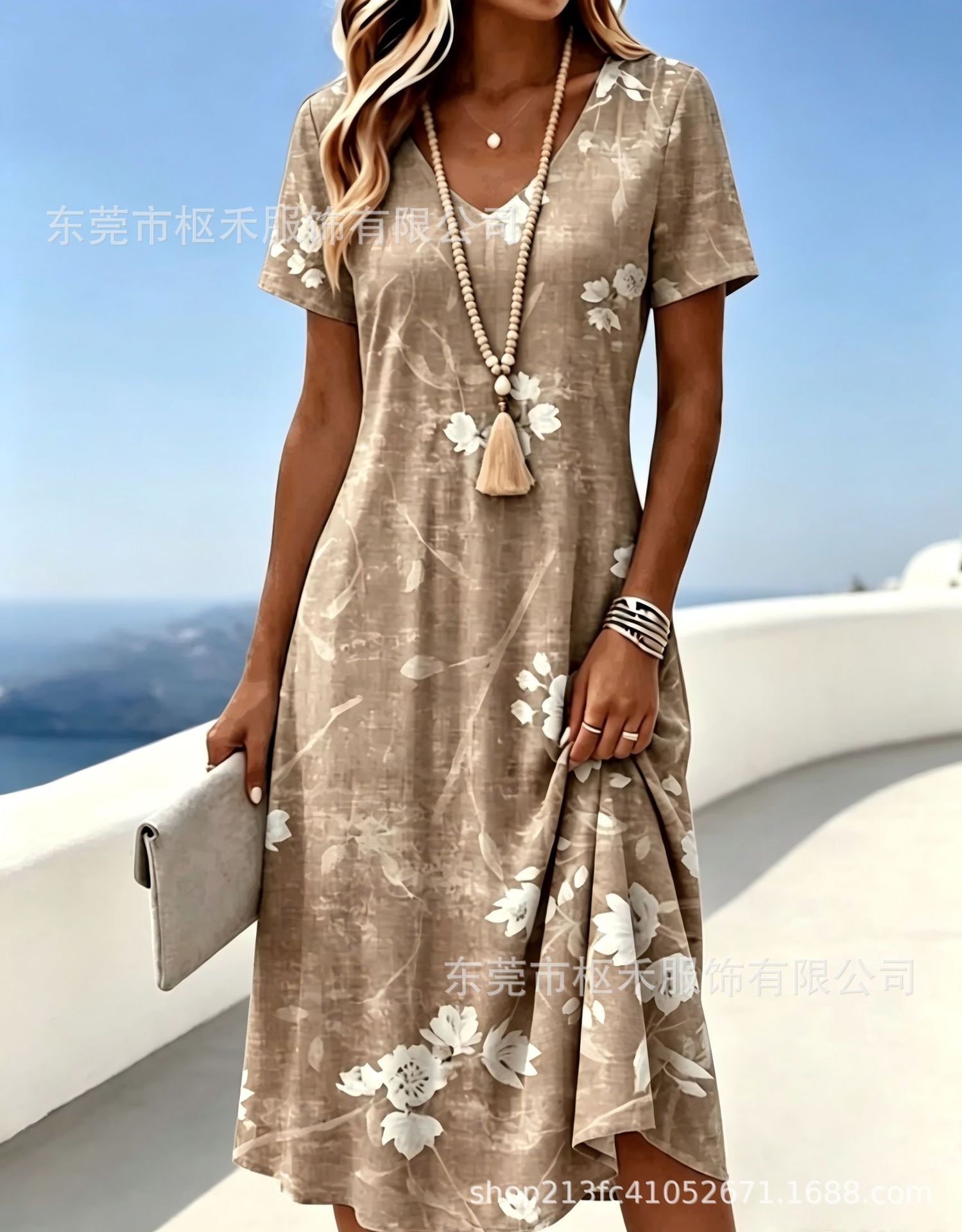 Women's Vintage Blue Print V-Neck Short Sleeve Midi Dress
