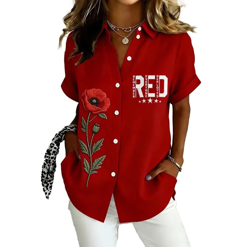 Women's Plaid Floral Letter Print Short Sleeve Button-Up Shirt