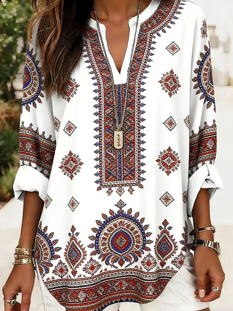 Bohemian Print V-Neck Long Sleeve Women's Top