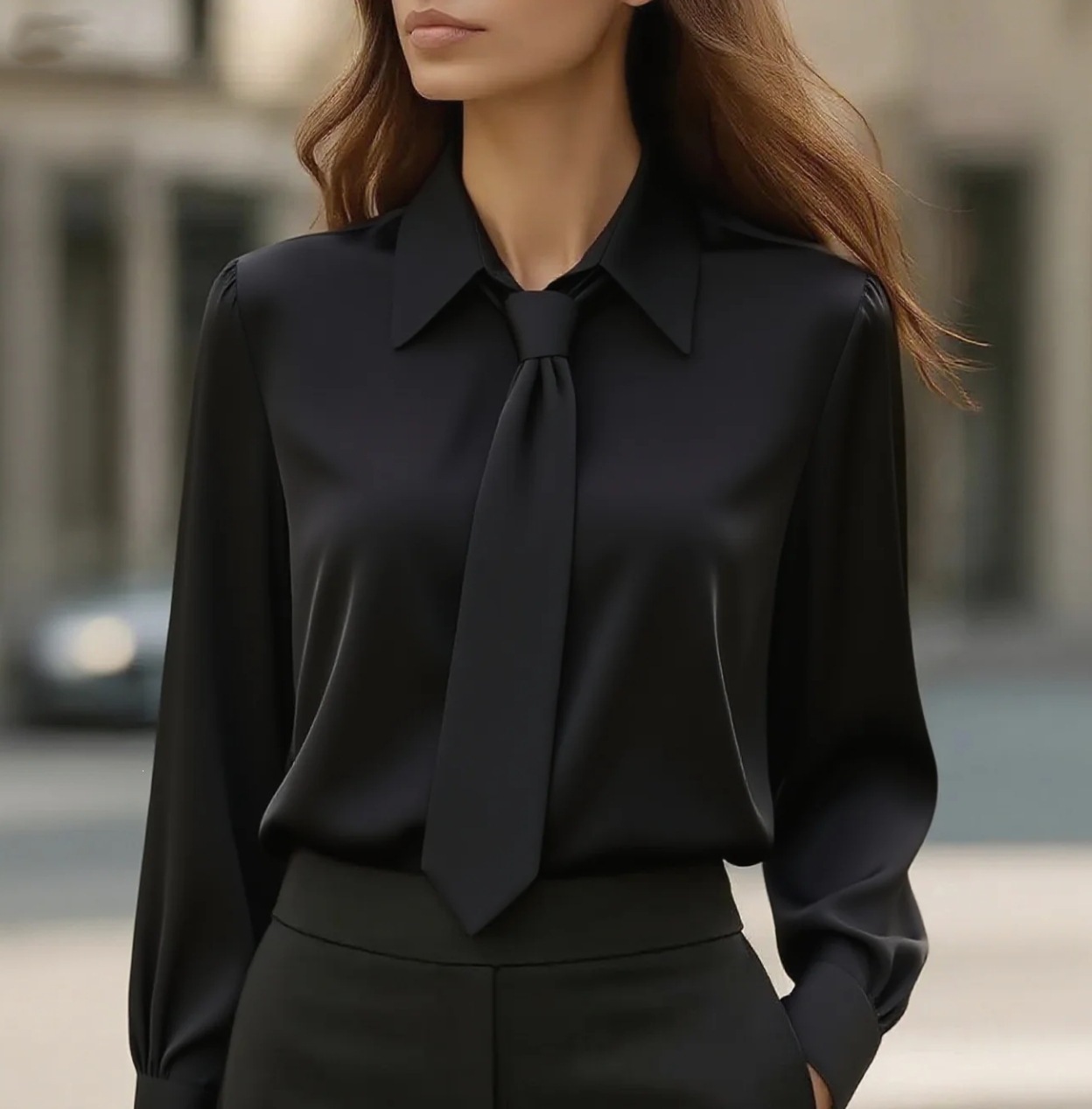 Women's Long Sleeve Tie-Neck Shirt Solid Color French Style Blouse