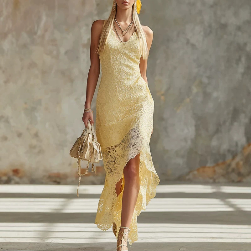 Yellow Lace Sleeveless A-Line Maxi Dress
