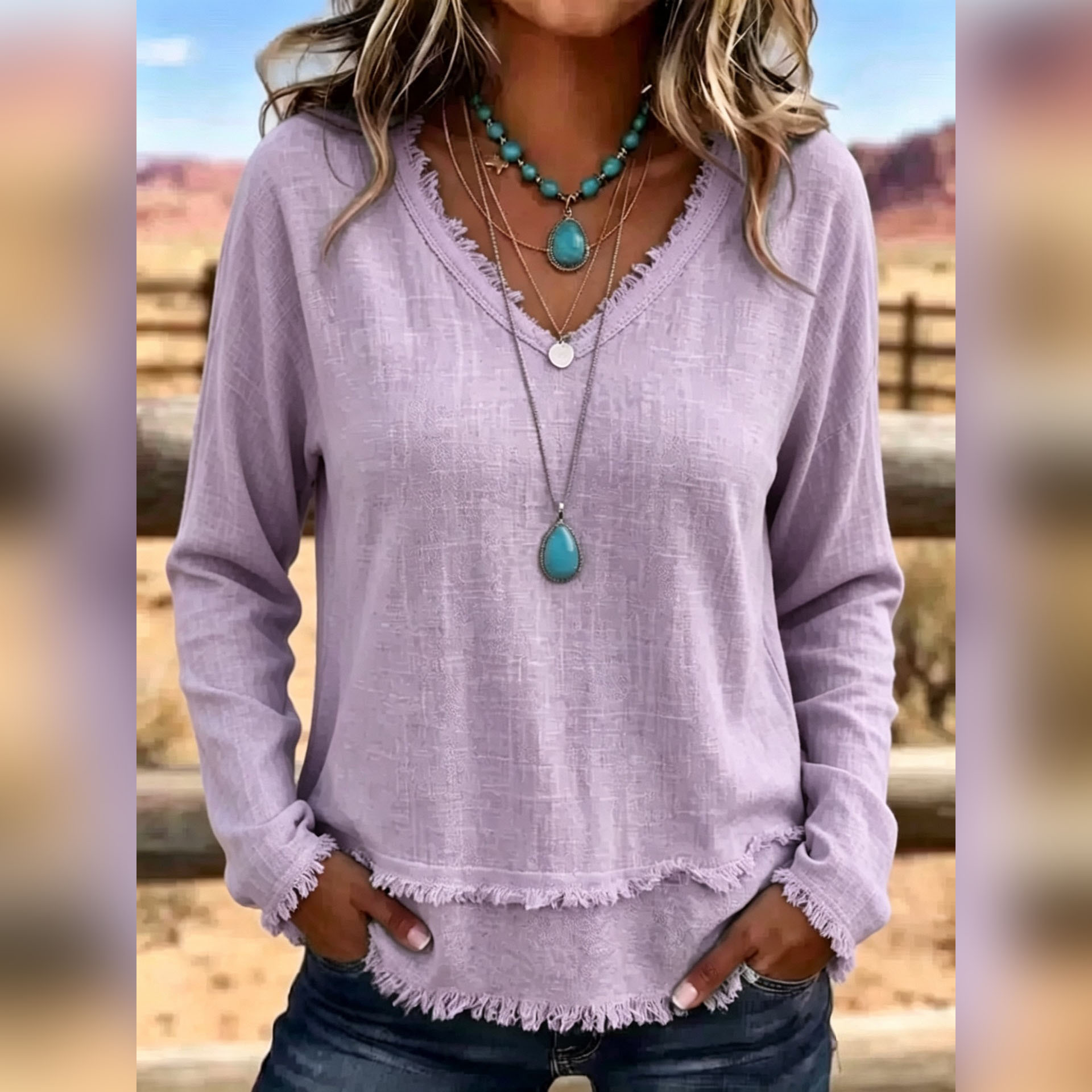 Women's Casual Loose Solid V-Neck Fringed Long-Sleeve Shirt