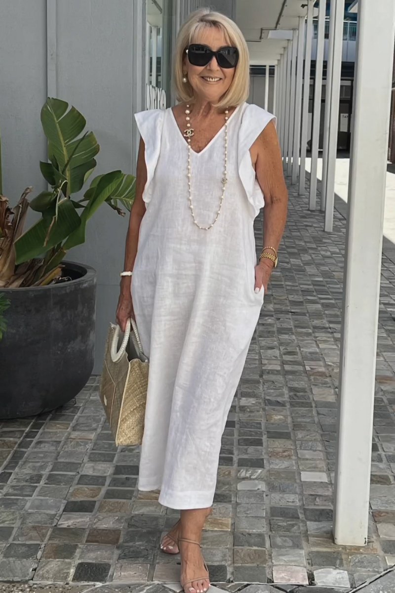 Women's Summer Cotton-Linen Dress with Back Tie and Flutter Sleeves
