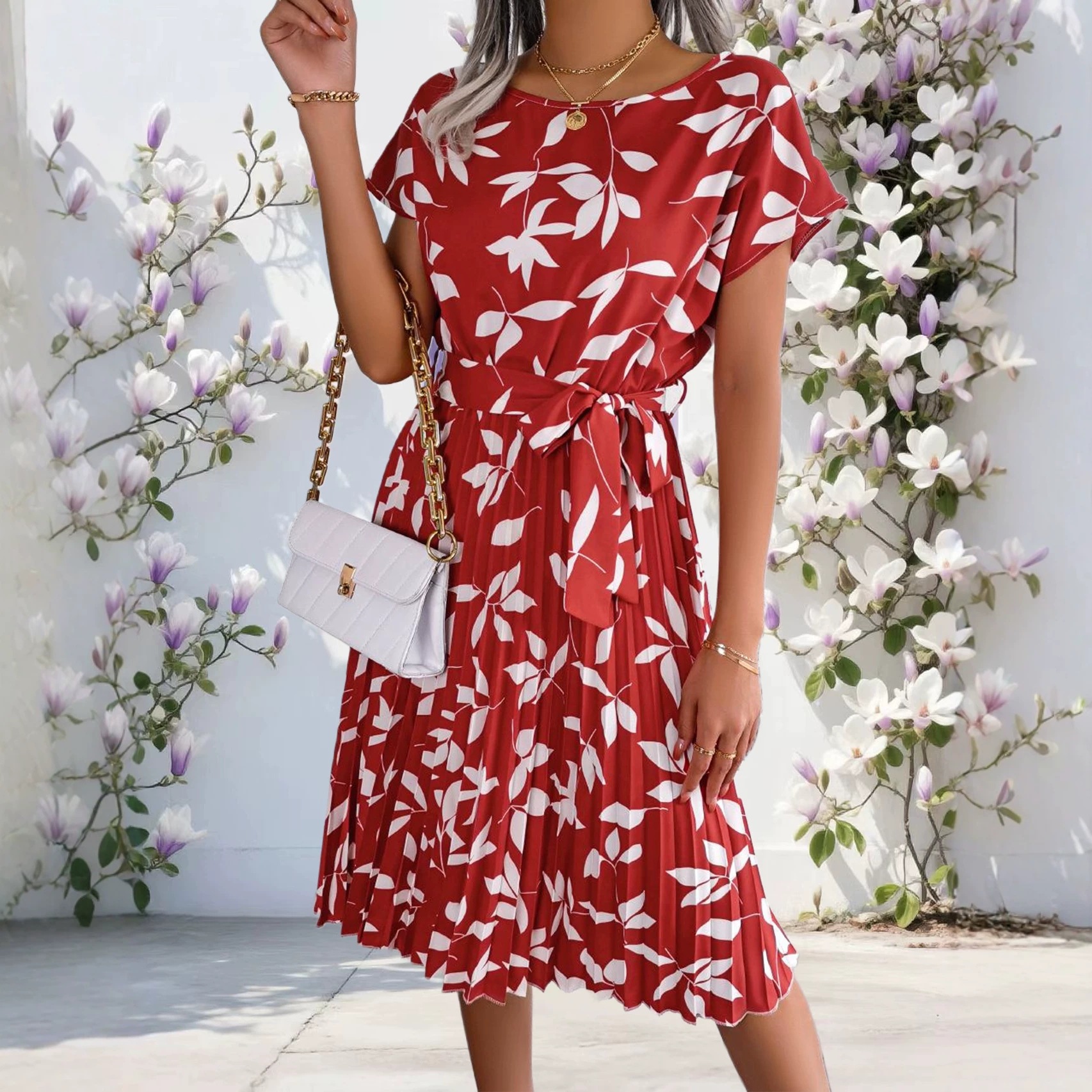 Floral Print Short Sleeve Dress with Round Neck, Tie Waist, Pleated A-Line Skirt