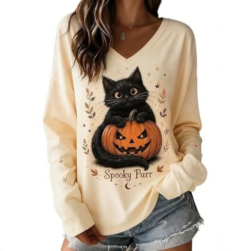 Halloween Graphic V-Neck Long-Sleeve T-Shirt for Women