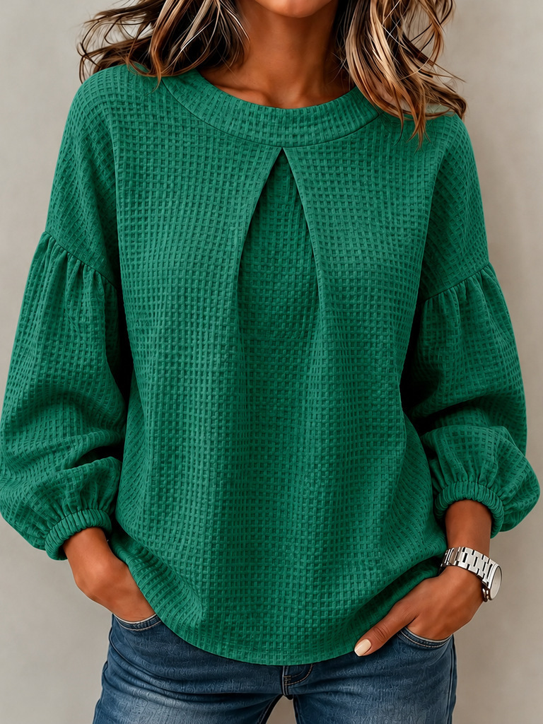 Waffle Knit Crewneck Lantern Sleeve Loose Pullover Top