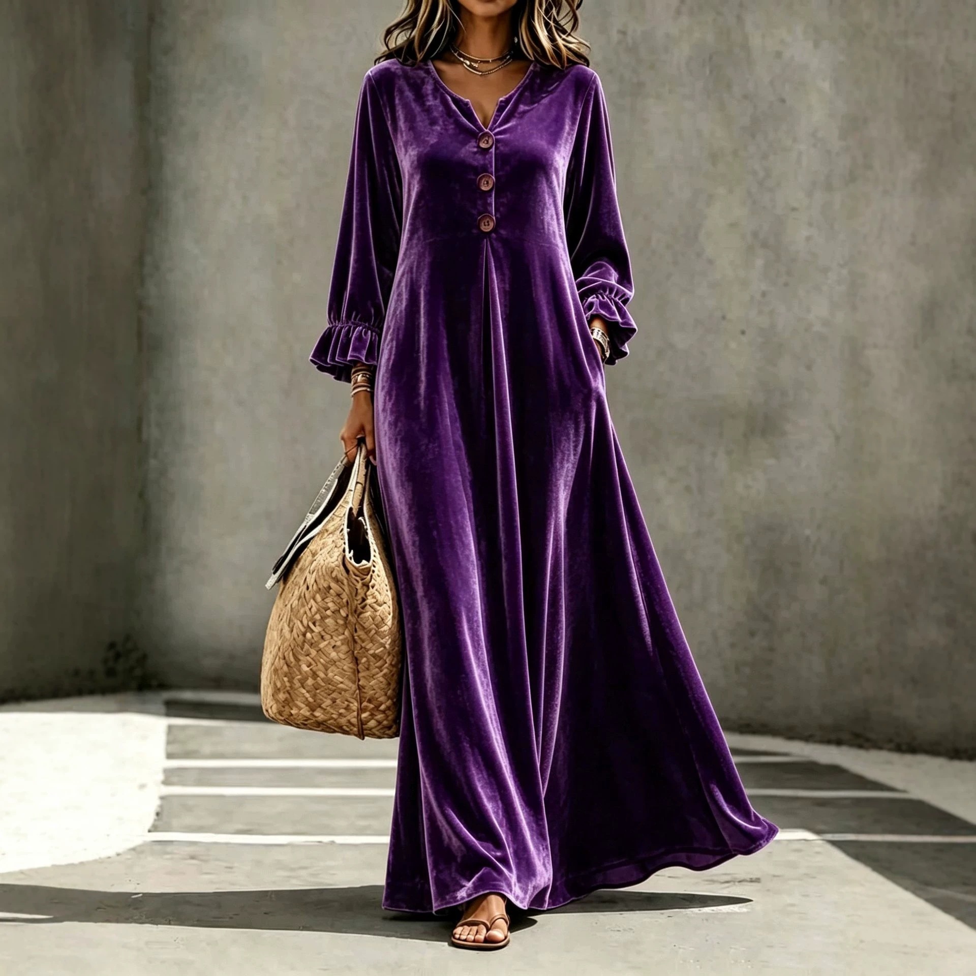 Velvet V-Neck Ruffle-Sleeve Long A-Line Dress