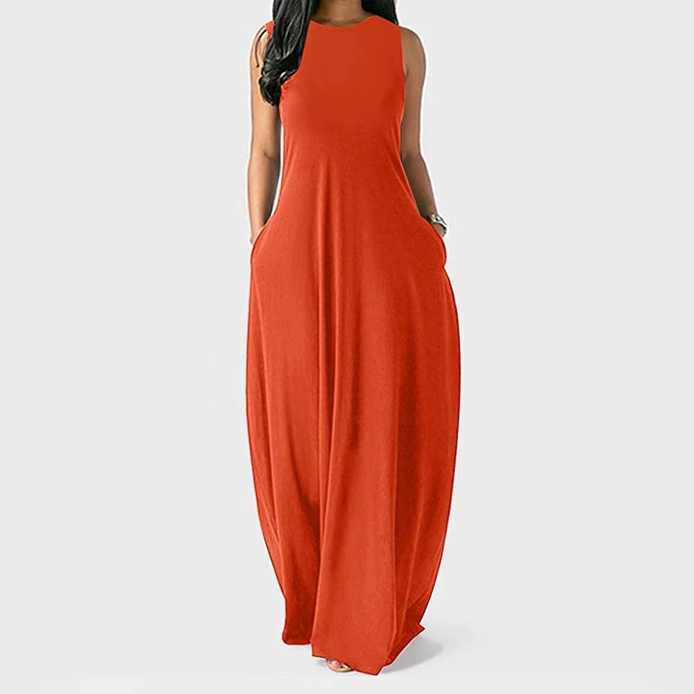 Solid Crewneck Sleeveless A-Line Midi Dress with Pockets