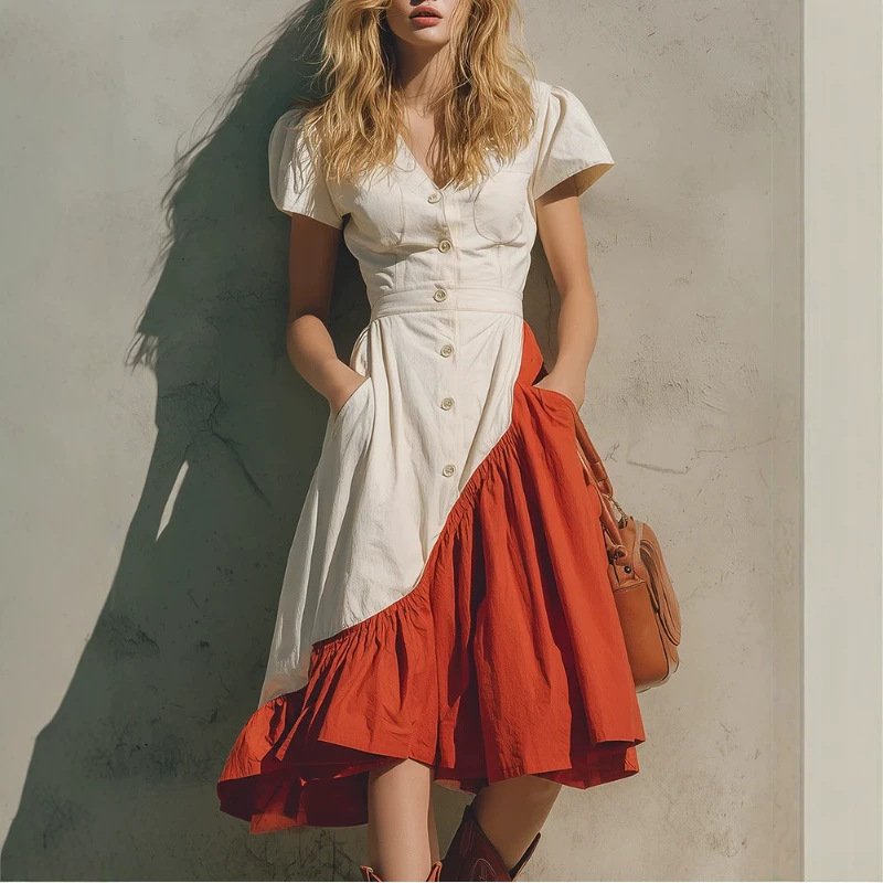 Retro Bohemian Colorblock Midi Dress