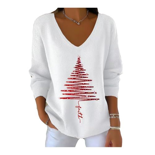 Women's V-Neck Long Sleeve Book & Christmas Tree Print T-Shirt