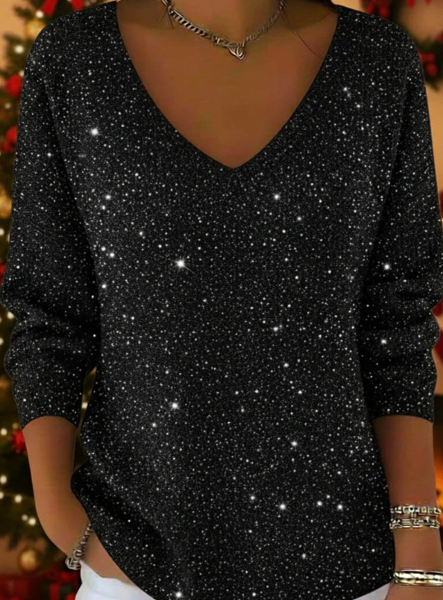 Starry Polka Dot Colorblock Print V-Neck Long Sleeve T-Shirt