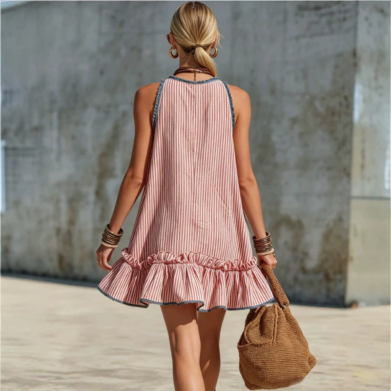 Red and White Striped Sleeveless Mini Dress