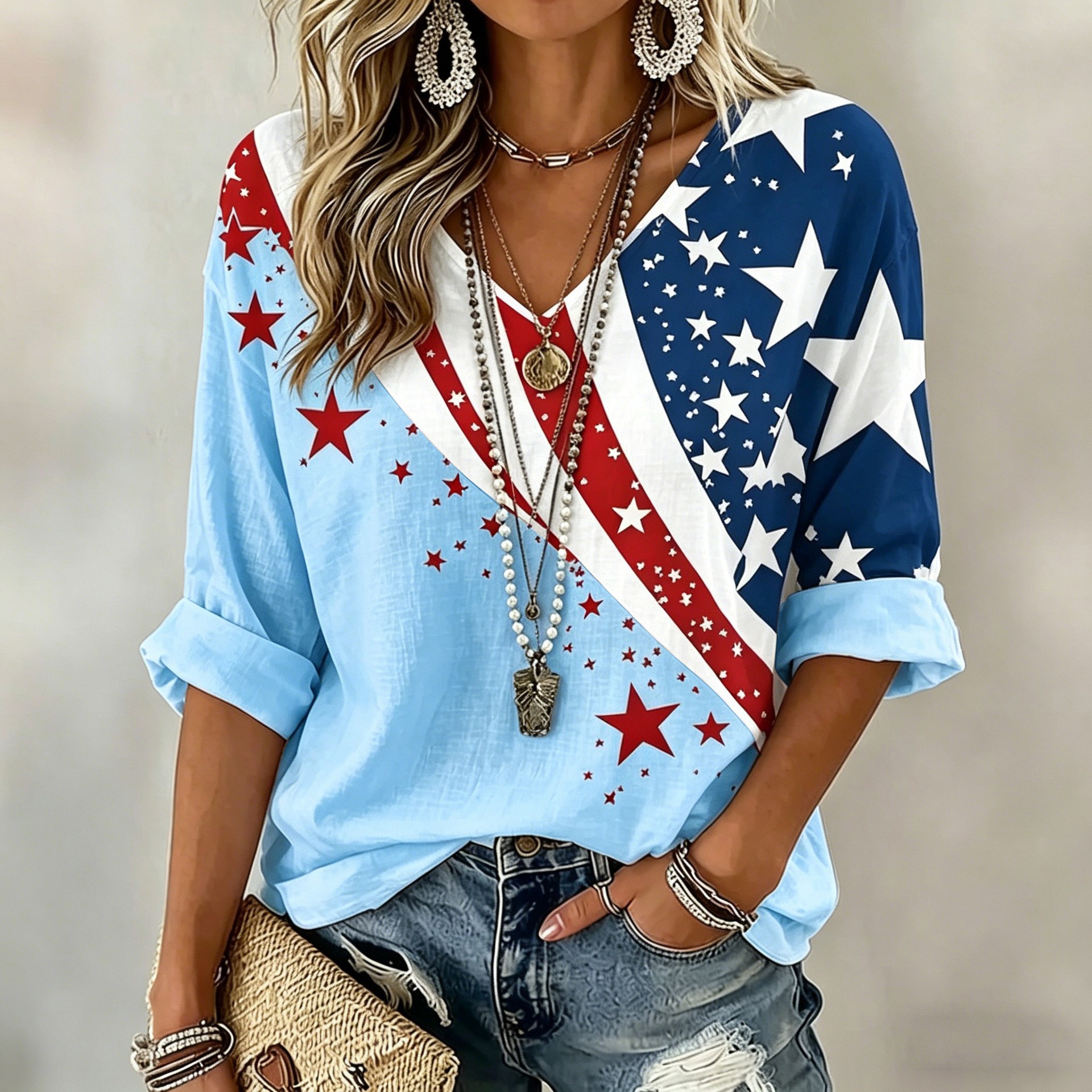 Star Striped Print V-Neck Half-Sleeve T-Shirt for Women