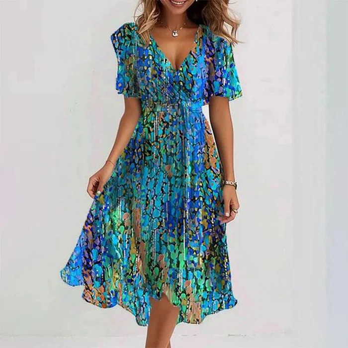 Women's Digital Print Short Sleeve Tie-Front Dress