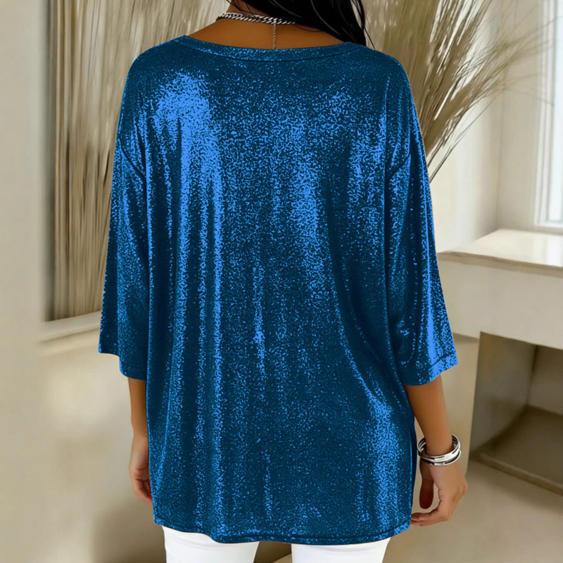 Shimmering Loose V-Neck 3/4 Sleeve T-Shirt for Women